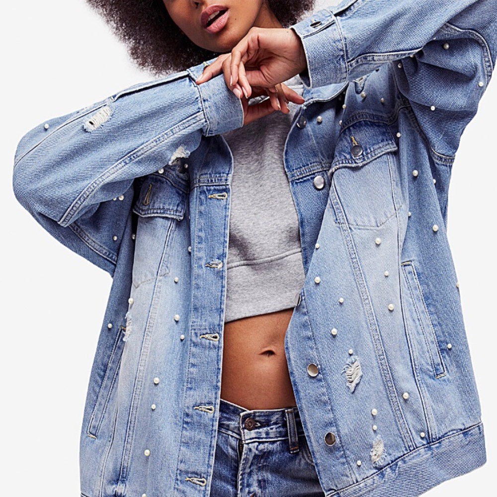 Free People pearl-studded jean jacket